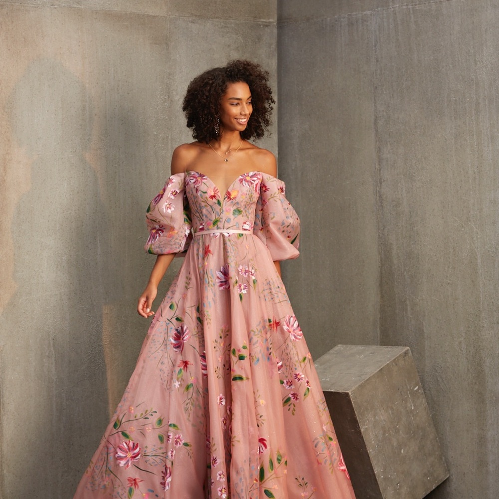 Hand-Painted Pink Garden Party or Wedding Gown with Liner
